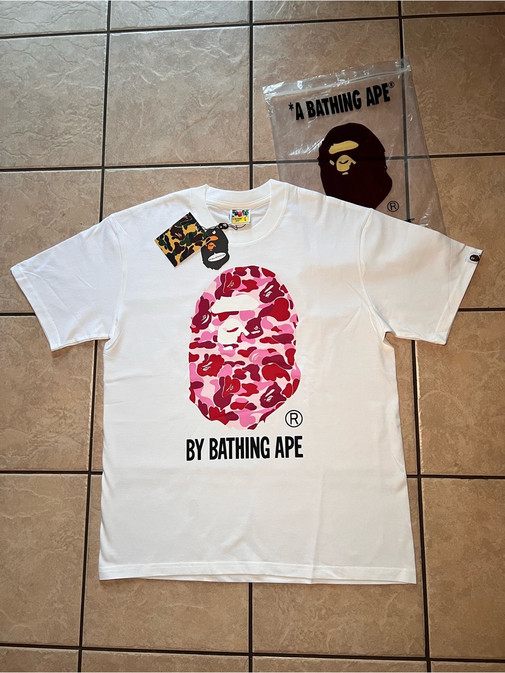 White Bape Tee with Pink Camo Ape Logo